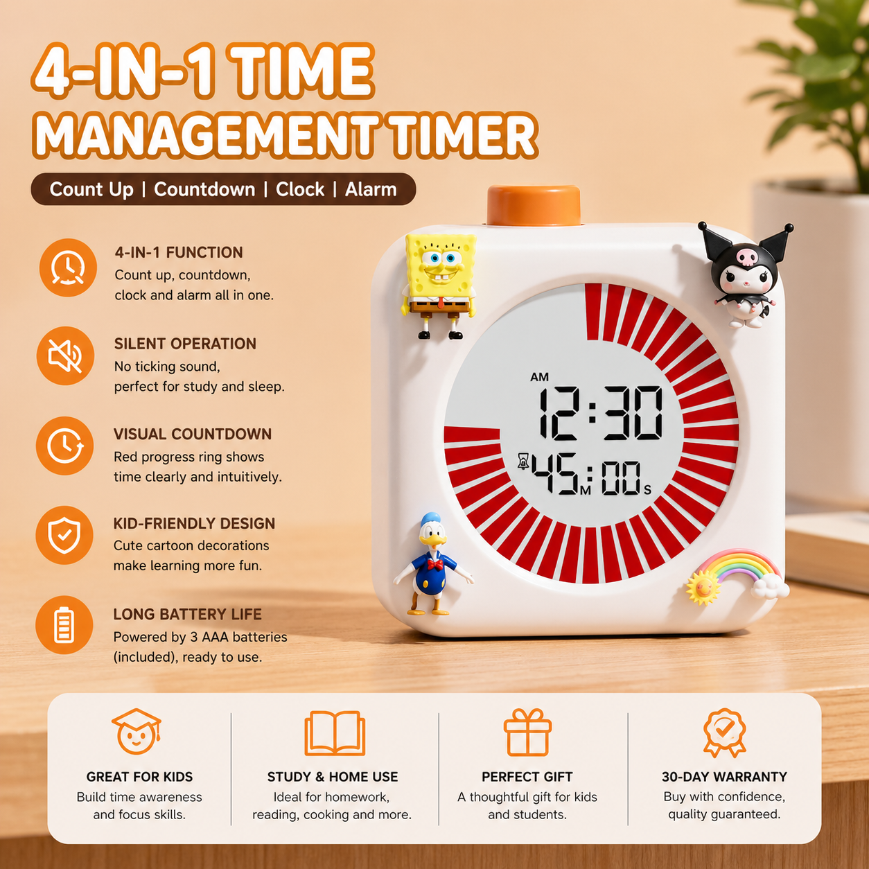 4-in-1 Kids Visual Time Management Timer with Alarm & Silent Mode