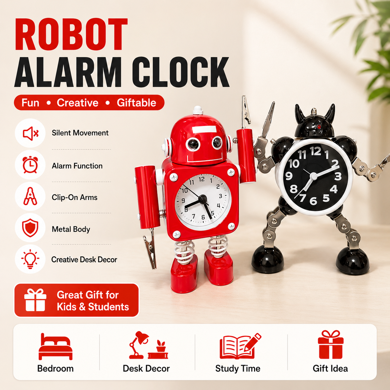 Creative Robot Alarm Clock with Metal Body, Clip Arms & Flashing Light
