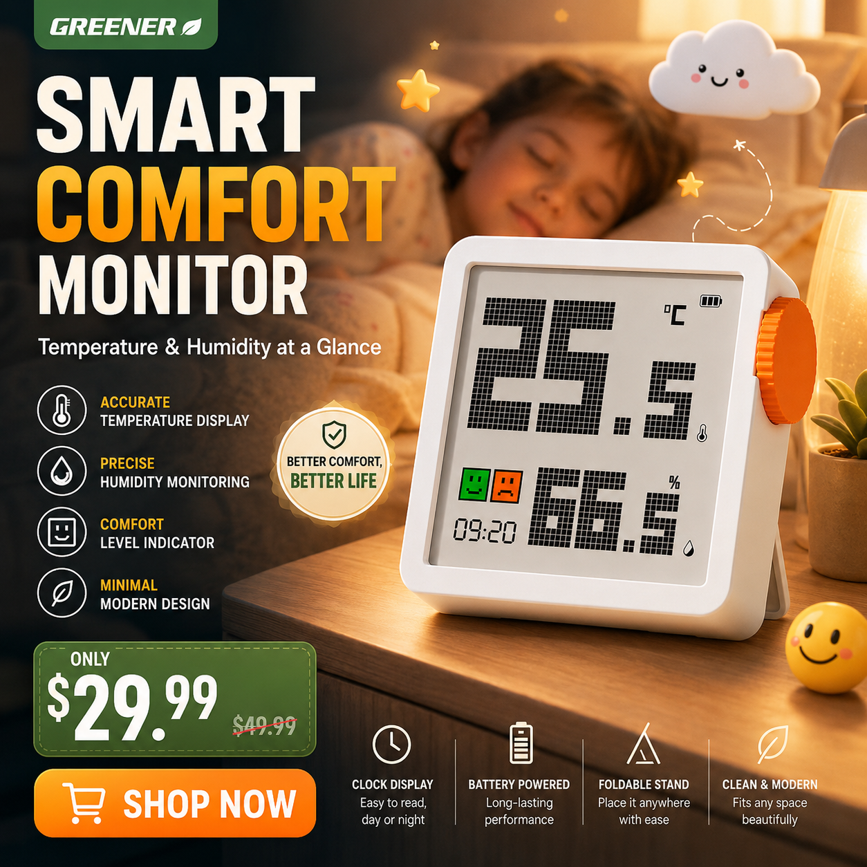 Green Forest Indoor Thermometer & Humidity Clock