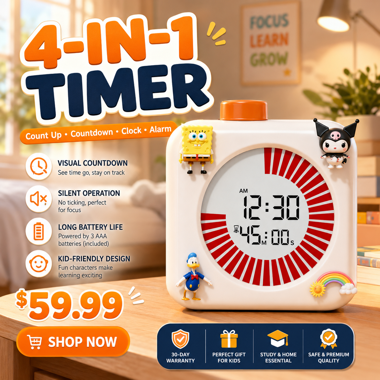4-in-1 Kids Visual Time Management Timer with Alarm & Silent Mode