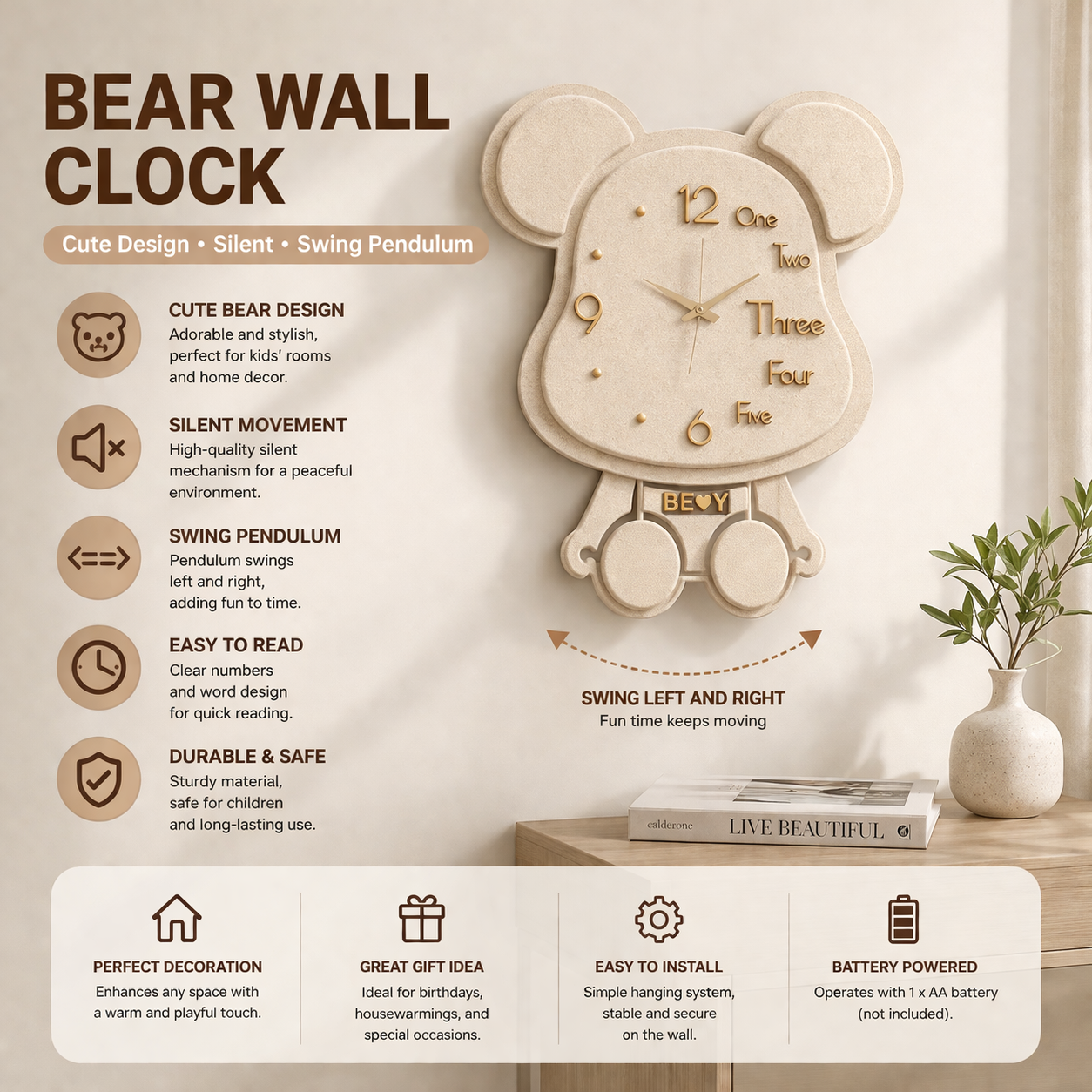 Cute Bear Pendulum Wall Clock with Silent Movement for Kids Room